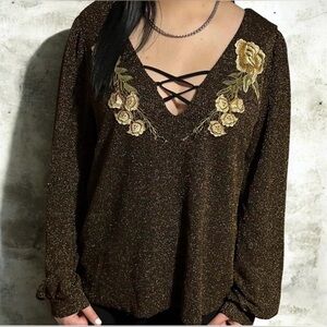 gimmicks by BKE Metallic Brown V-Neck Long Sleeve Top with Floral Embroidery